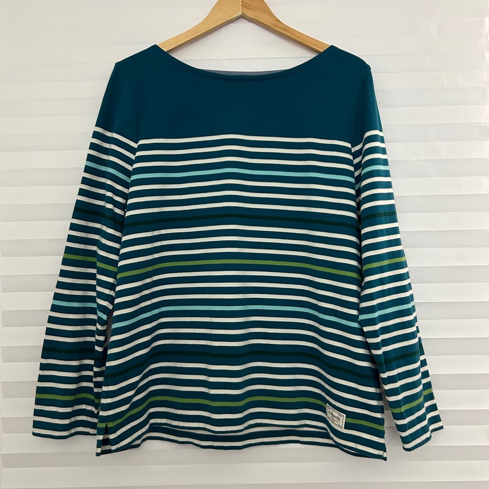 Talbots Authentic Teal Blue Striped Long Sleeve Cotton Boat Neck Top Womens XL